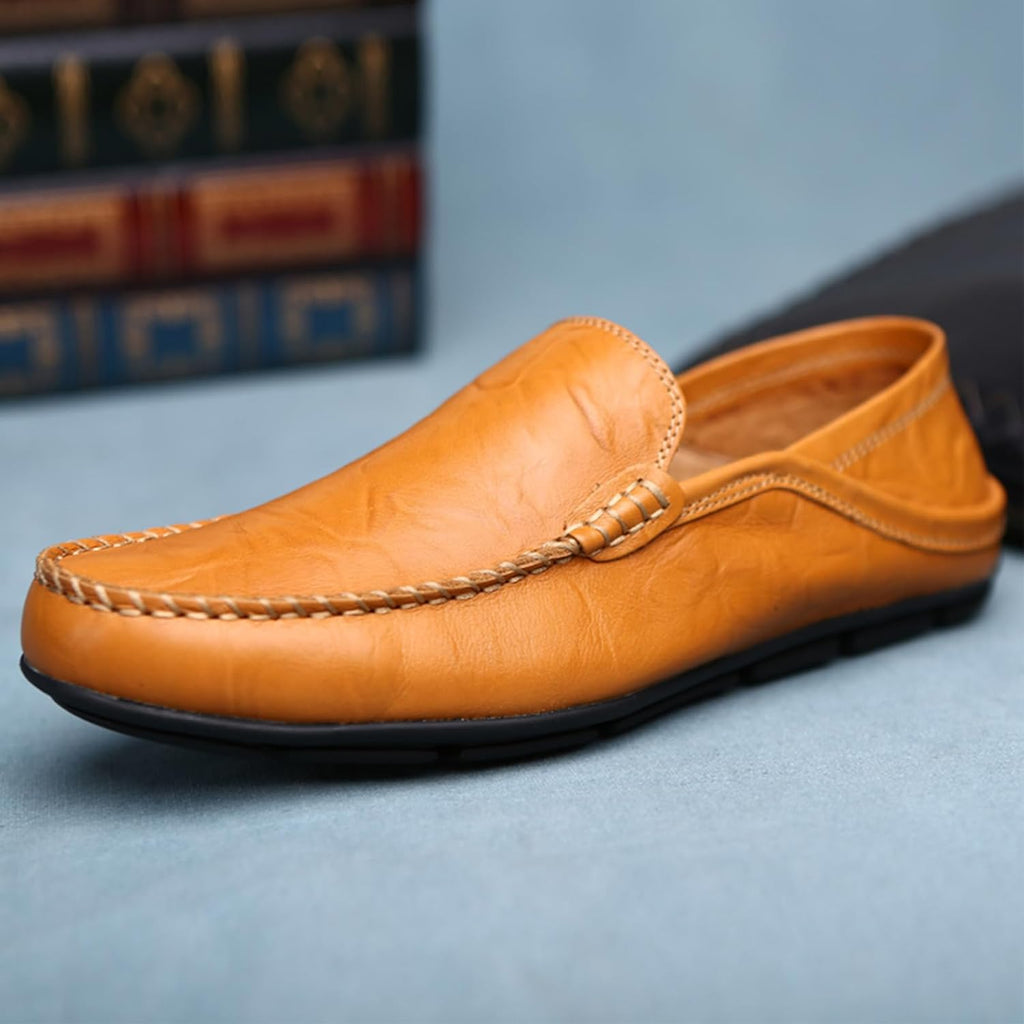Go Tour Men's Premium Genuine Leather Casual Slip on Loafers Breathable Driving Shoes Fashion Slipper A-yellow