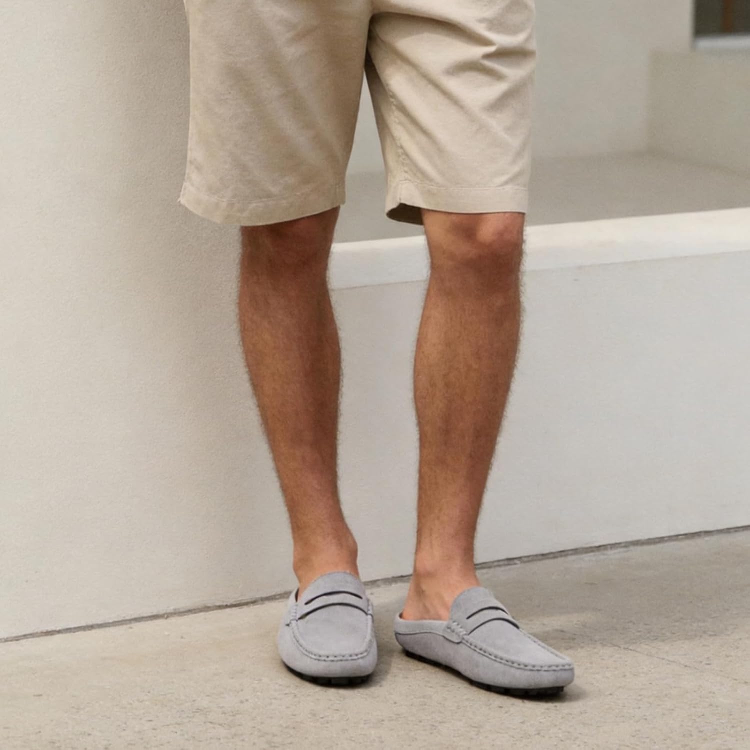 Go Tour Mens Handmade Suede Leather Mules Clog Slippers Breathable Leather Slip on Shoes Casual Loafers Grey