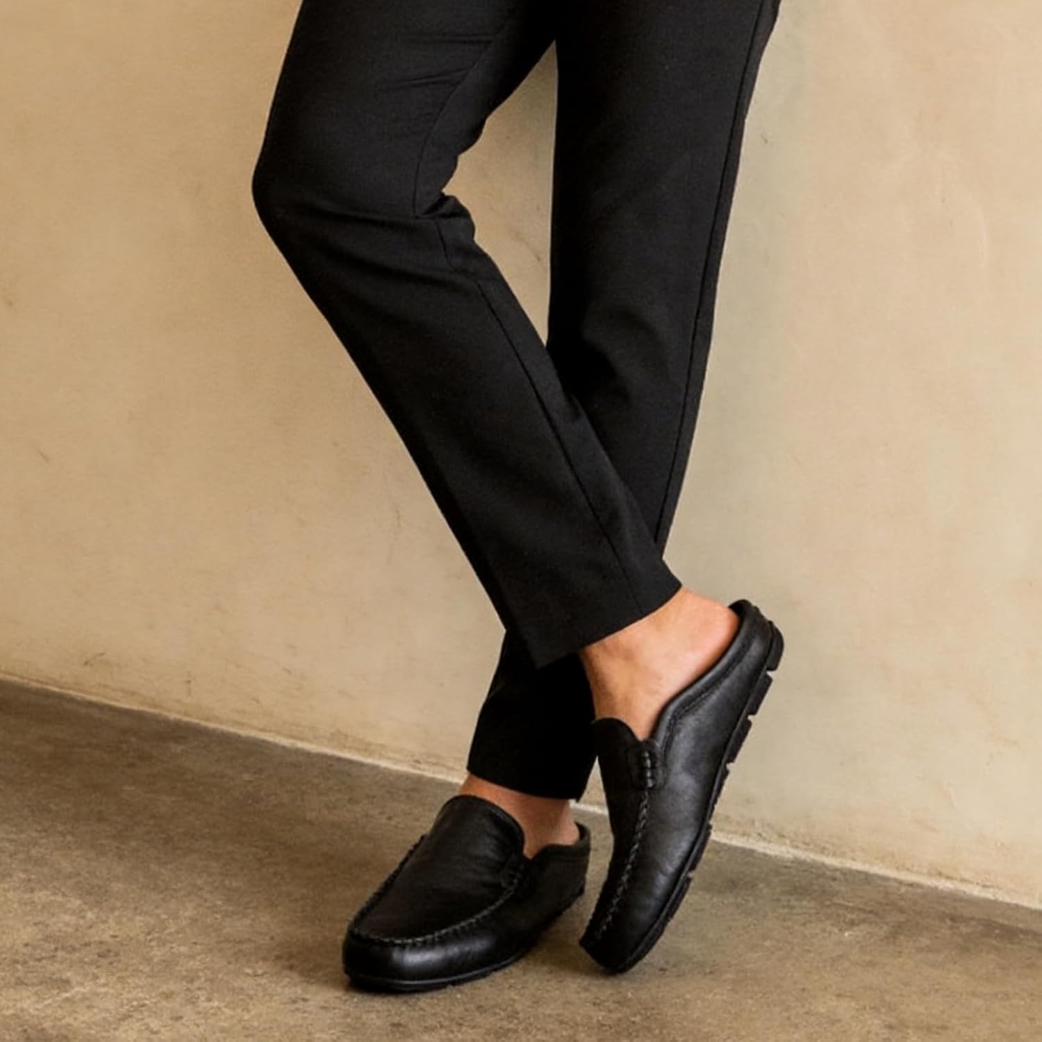 Go Tour Mens Mules Clog Slippers Breathable Punching Leather Slip on Shoes Casual Loafers A-black