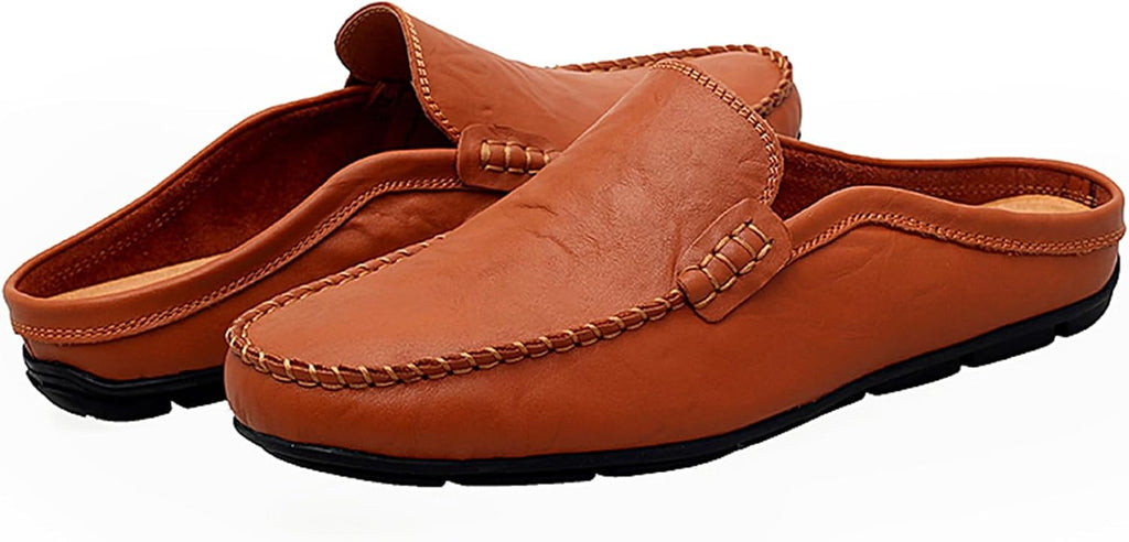 Go Tour Mens Mules Clog Slippers Breathable Punching Leather Slip on Shoes Casual Loafers A-brown