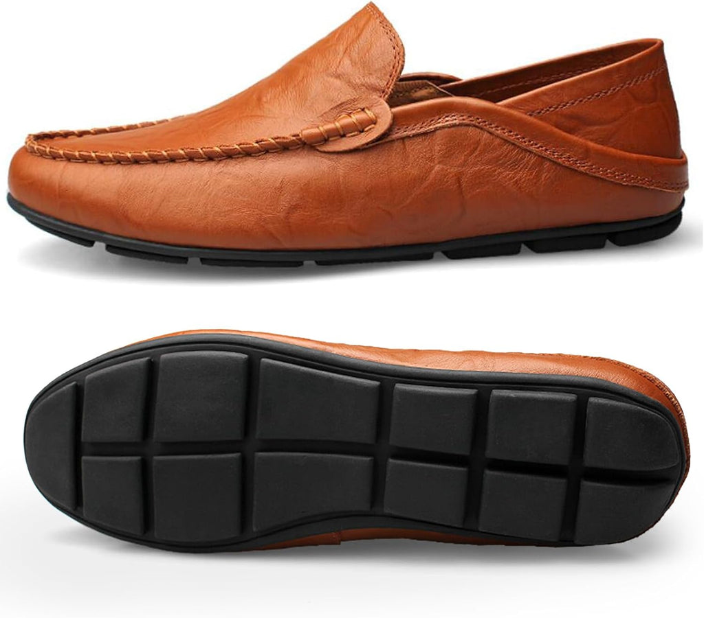 Go Tour Men's Premium Genuine Leather Casual Slip on Loafers Breathable Driving Shoes Fashion Slipper A-brown