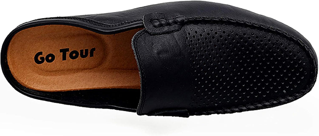 Go Tour Mens Mules Clog Slippers Breathable Punching Leather Slip on Shoes Casual Loafers B-black Punched
