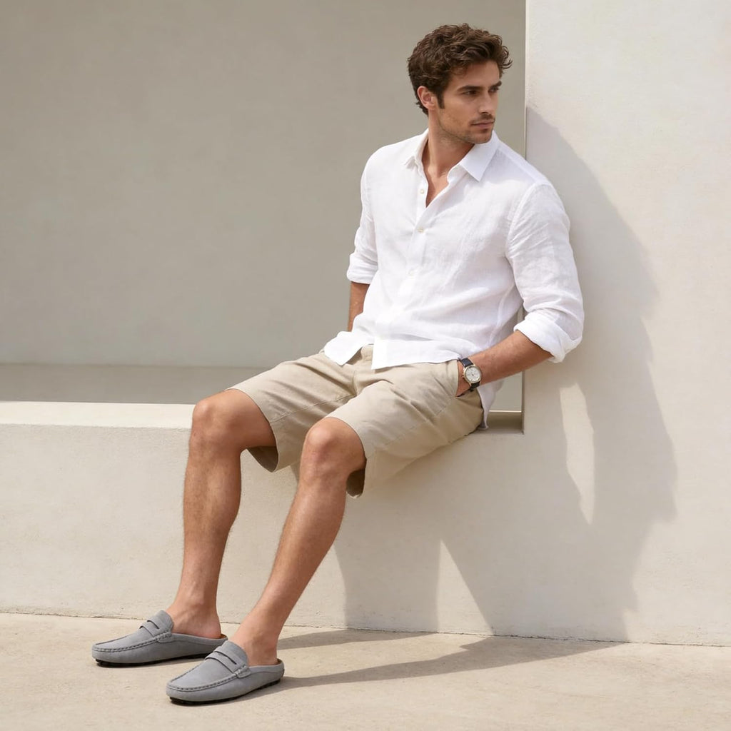 Go Tour Mens Handmade Suede Leather Mules Clog Slippers Breathable Leather Slip on Shoes Casual Loafers Grey