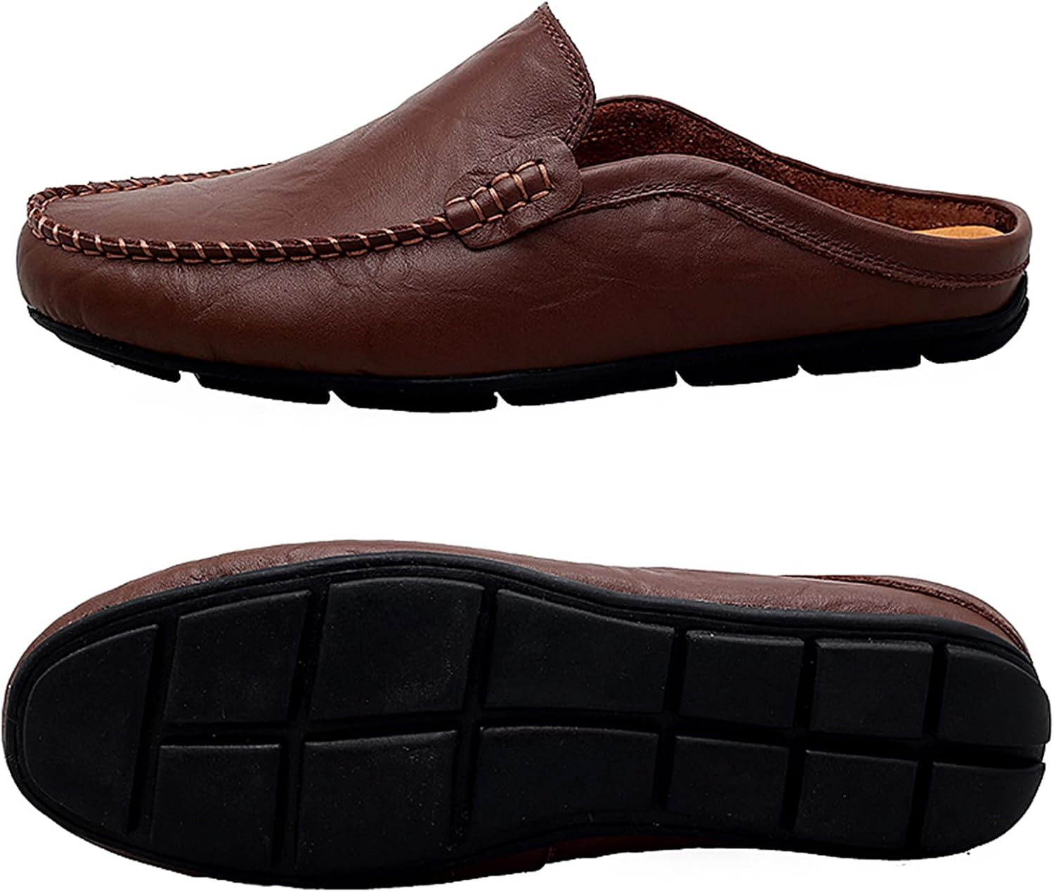 Go Tour Mens Mules Clog Slippers Breathable Punching Leather Slip on Shoes Casual Loafers A-dark Brown