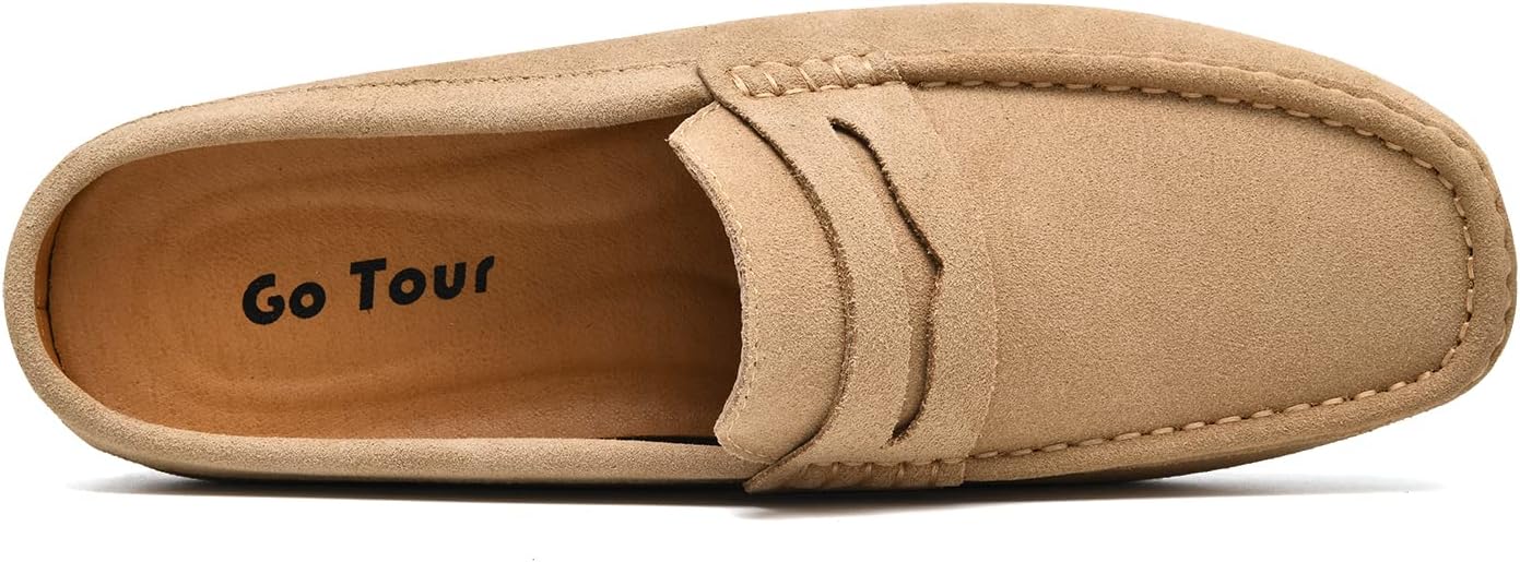 Go Tour Mens Handmade Suede Leather Mules Clog Slippers Breathable Leather Slip on Shoes Casual Loafers Beige