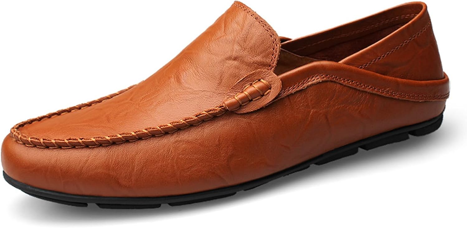 Go Tour Men's Premium Genuine Leather Casual Slip on Loafers Breathable Driving Shoes Fashion Slipper A-brown