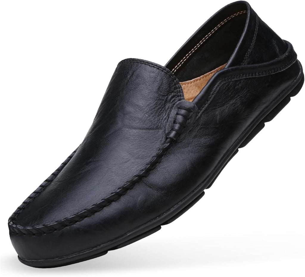 Go Tour Men's Premium Genuine Leather Casual Slip on Loafers Breathable Driving Shoes Fashion Slipper A-black