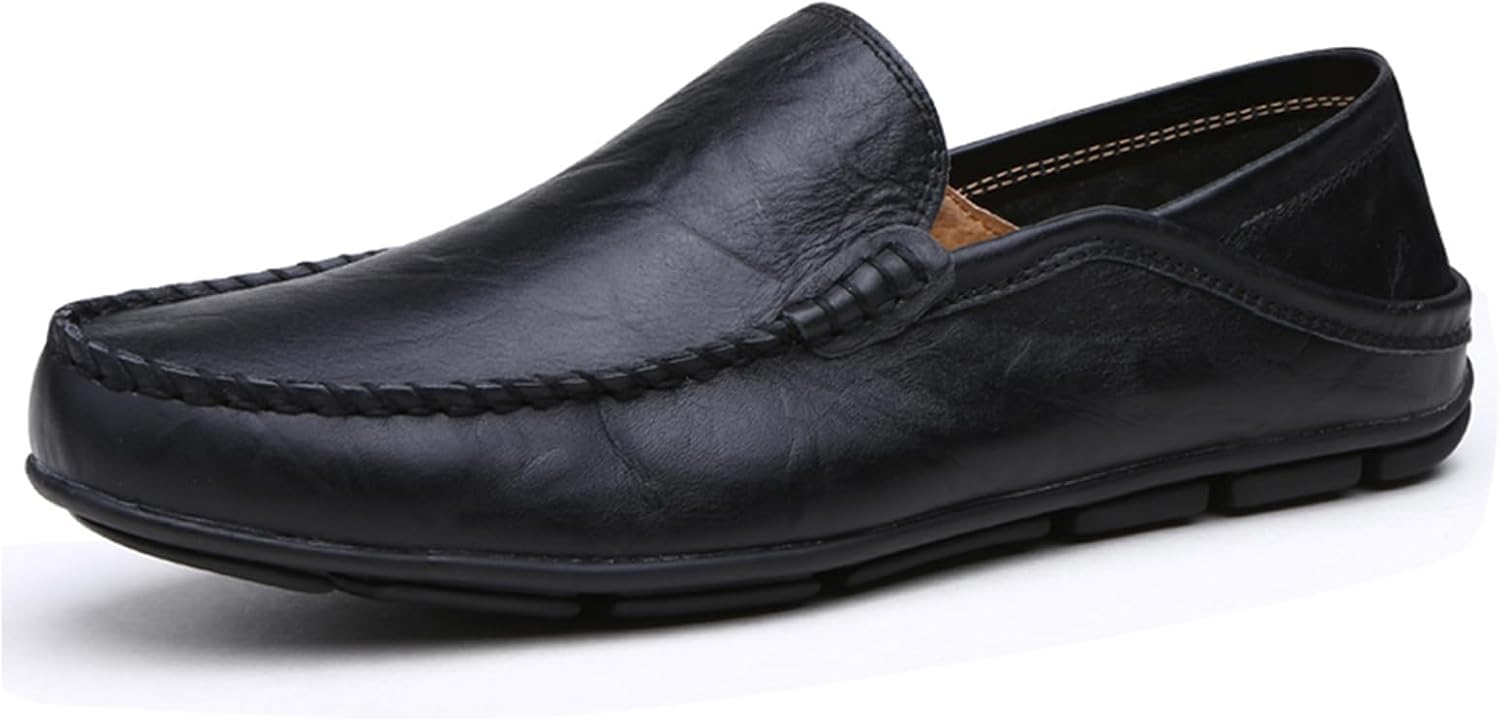 Go Tour Men's Premium Genuine Leather Casual Slip on Loafers Breathable Driving Shoes Fashion Slipper A-black
