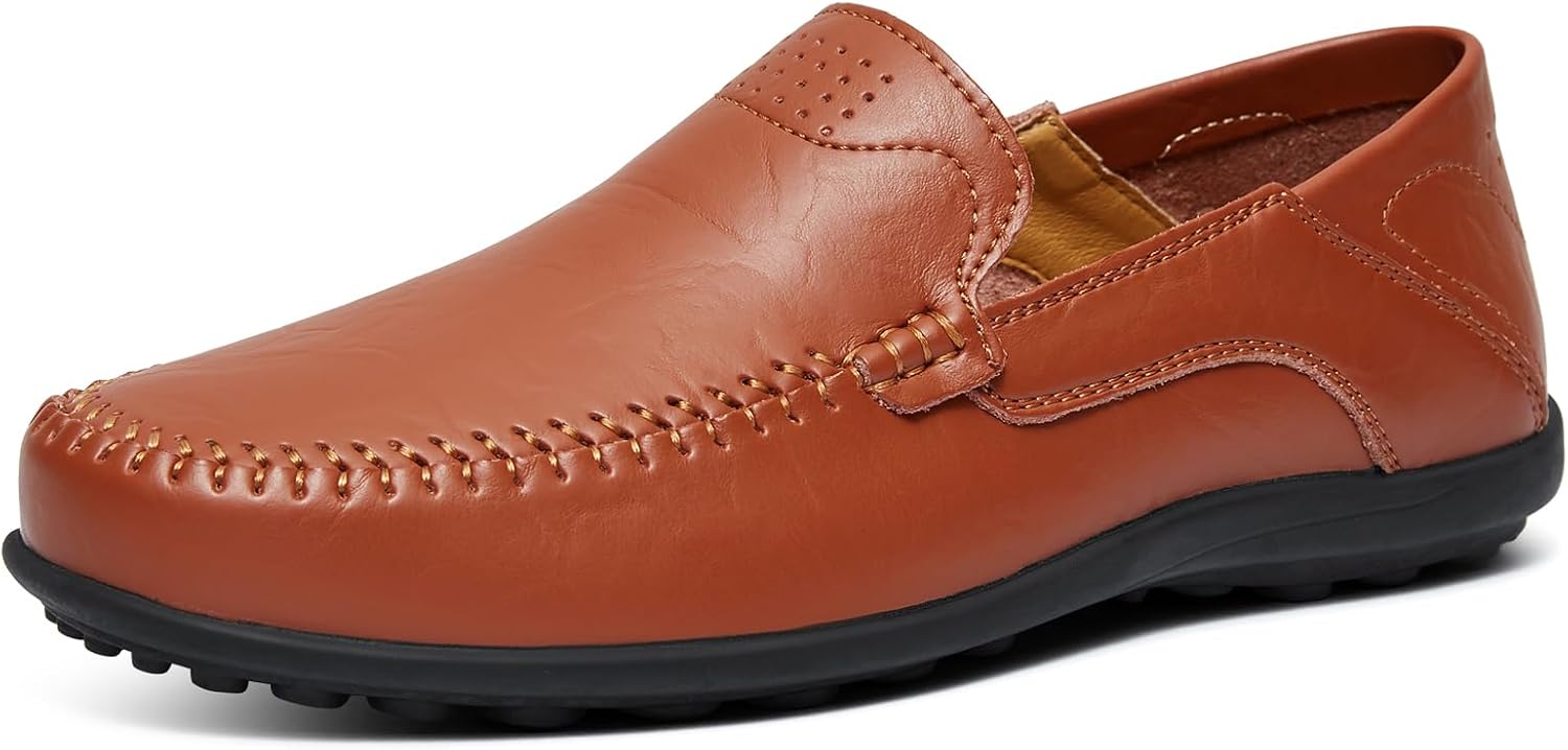 Go Tour Men's Premium Genuine Leather Casual Slip on Loafers Breathable Driving Shoes Fashion Slipper C-brown