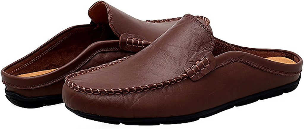 Go Tour Mens Mules Clog Slippers Breathable Punching Leather Slip on Shoes Casual Loafers A-dark Brown