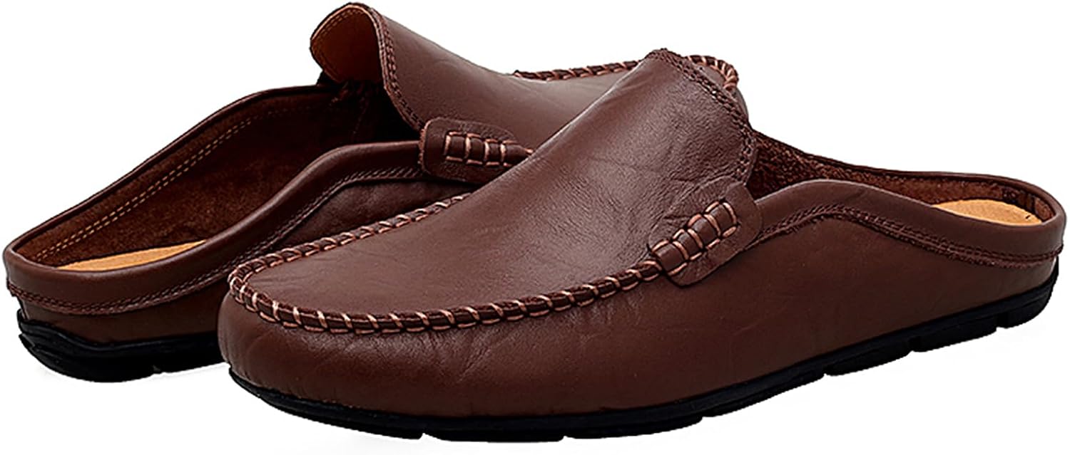 Go Tour Mens Mules Clog Slippers Breathable Punching Leather Slip on Shoes Casual Loafers A-dark Brown
