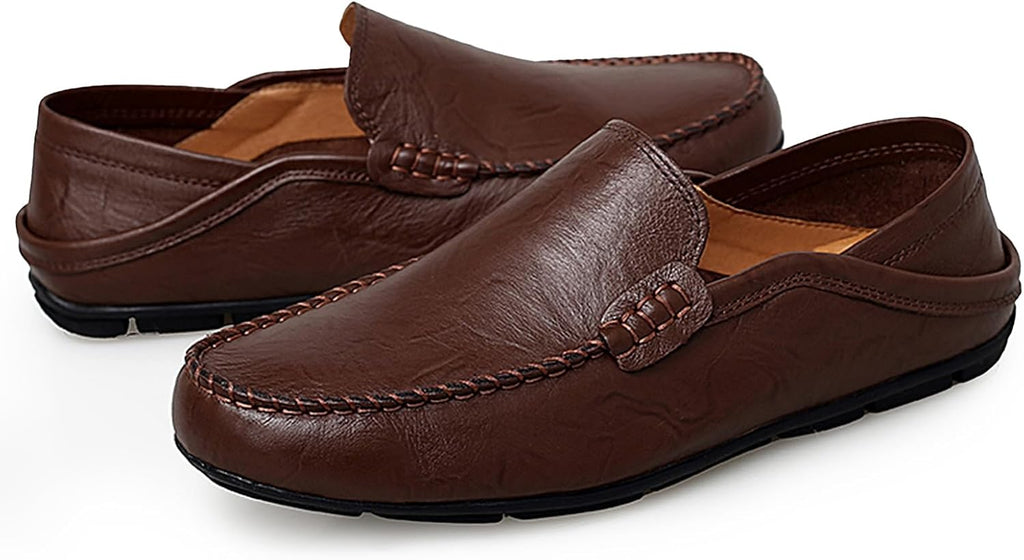 Go Tour Men's Premium Genuine Leather Casual Slip on Loafers Breathable Driving Shoes Fashion Slipper A-dark Brown