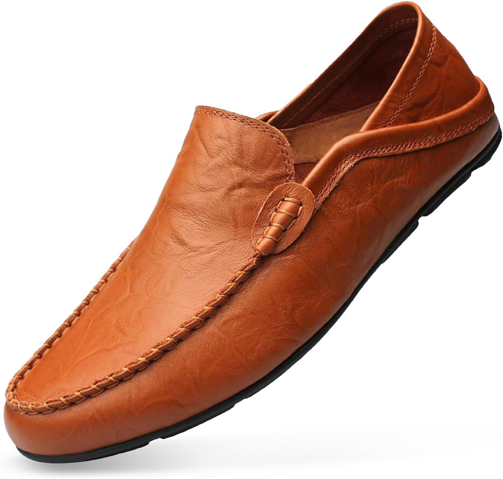 Go Tour Men's Premium Genuine Leather Casual Slip on Loafers Breathable Driving Shoes Fashion Slipper A-brown
