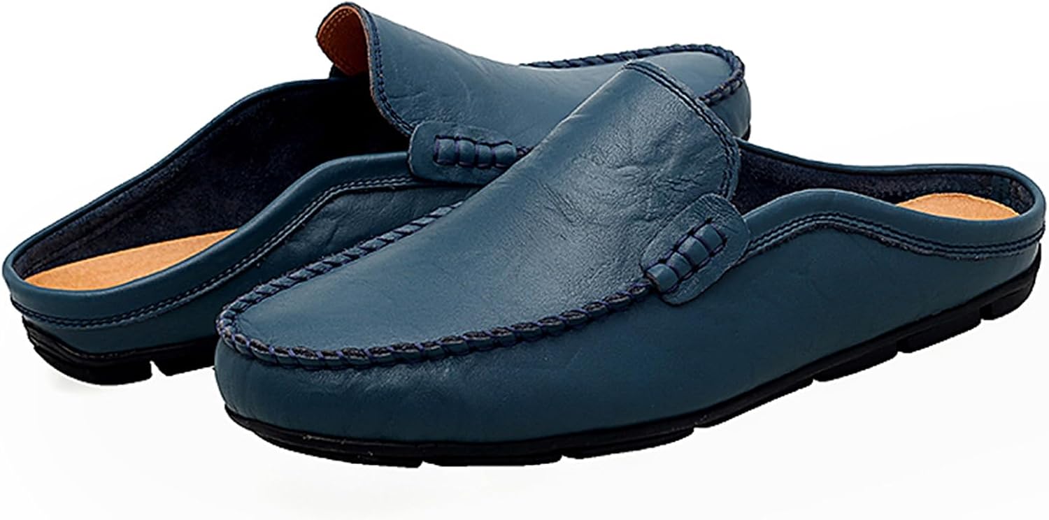Go Tour Mens Mules Clog Slippers Breathable Punching Leather Slip on Shoes Casual Loafers A-blue