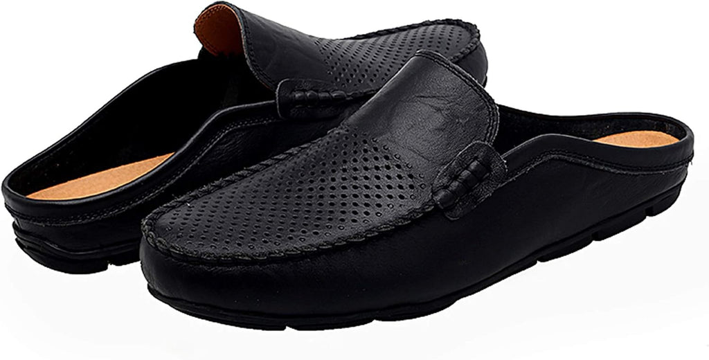 Go Tour Mens Mules Clog Slippers Breathable Punching Leather Slip on Shoes Casual Loafers B-black Punched