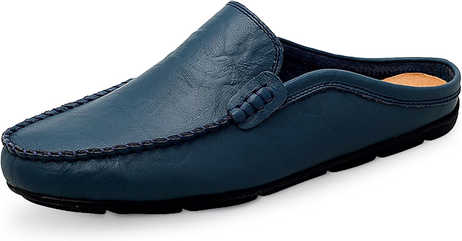 Go Tour Mens Mules Clog Slippers Breathable Punching Leather Slip on Shoes Casual Loafers A-blue