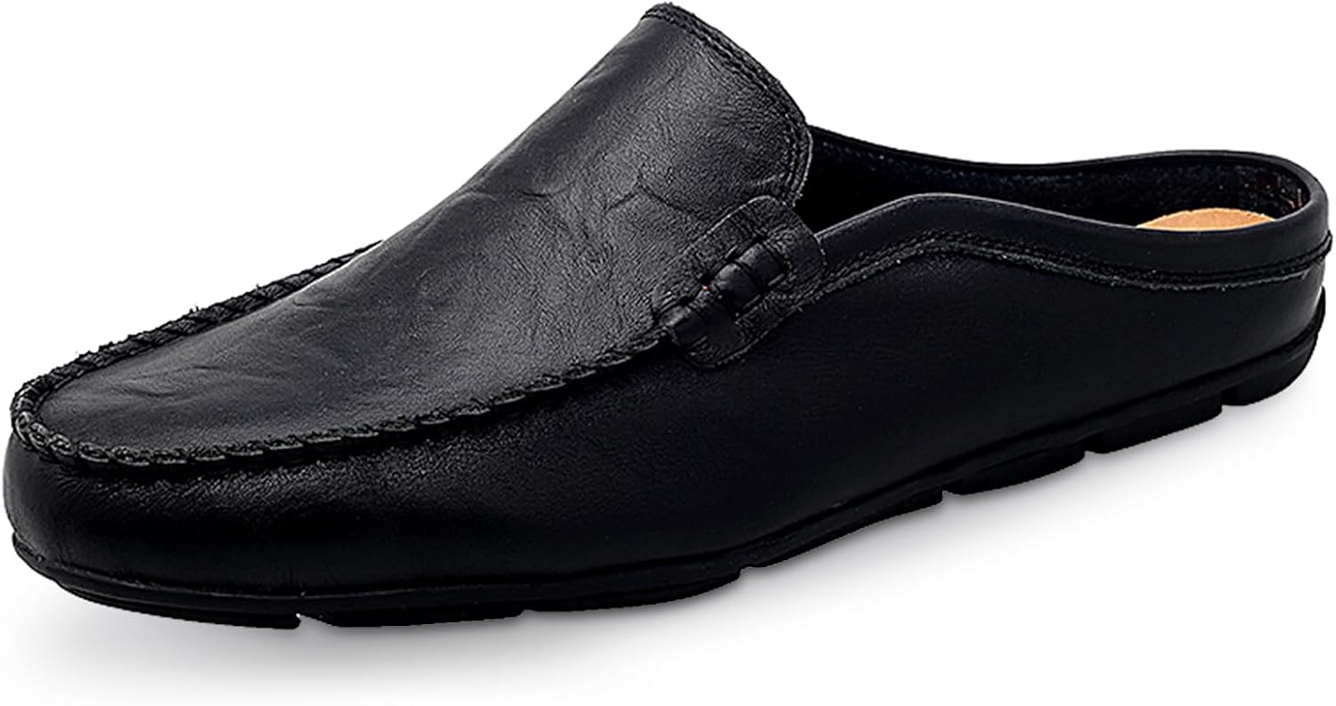 Go Tour Mens Mules Clog Slippers Breathable Punching Leather Slip on Shoes Casual Loafers A-black