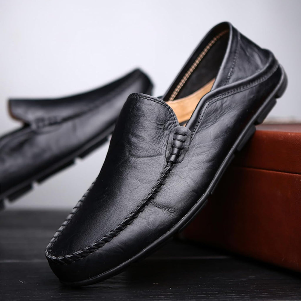 Go Tour Men's Premium Genuine Leather Casual Slip on Loafers Breathable Driving Shoes Fashion Slipper A-black