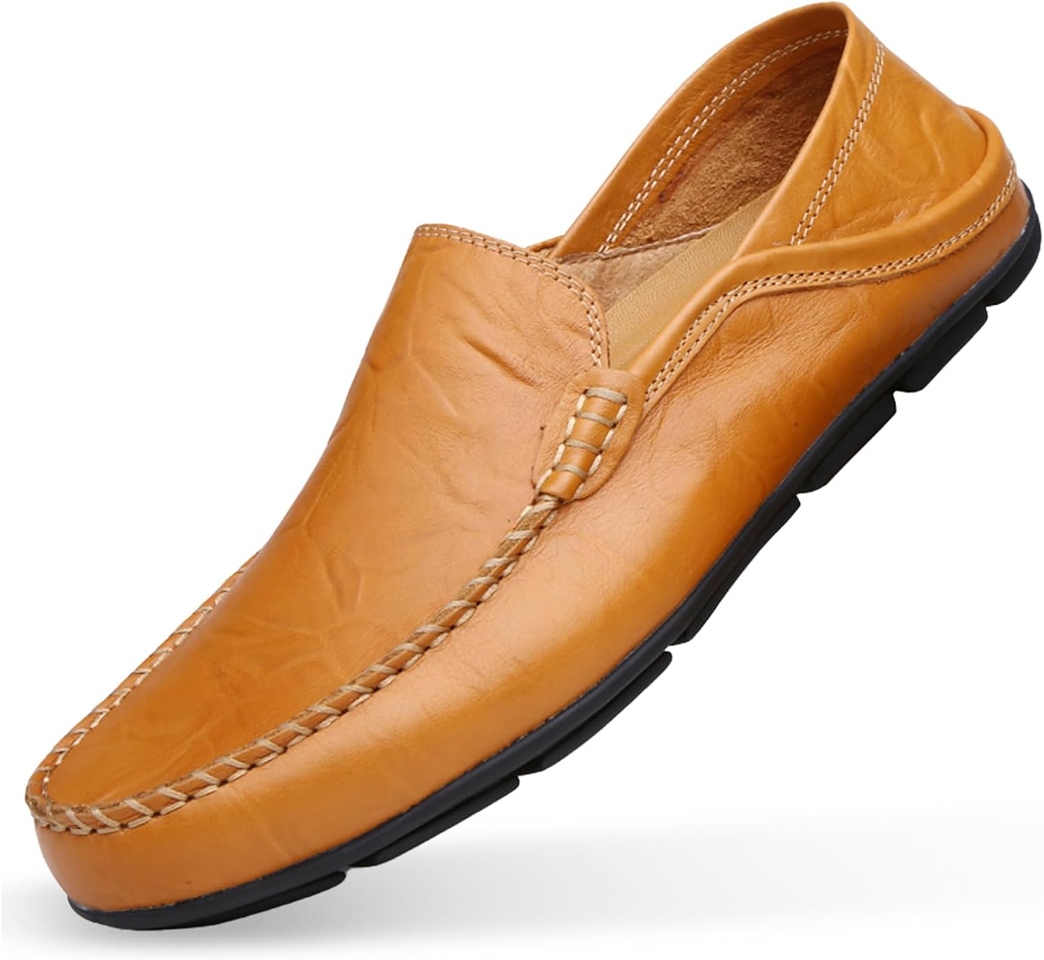 Go Tour Men's Premium Genuine Leather Casual Slip on Loafers Breathable Driving Shoes Fashion Slipper A-yellow