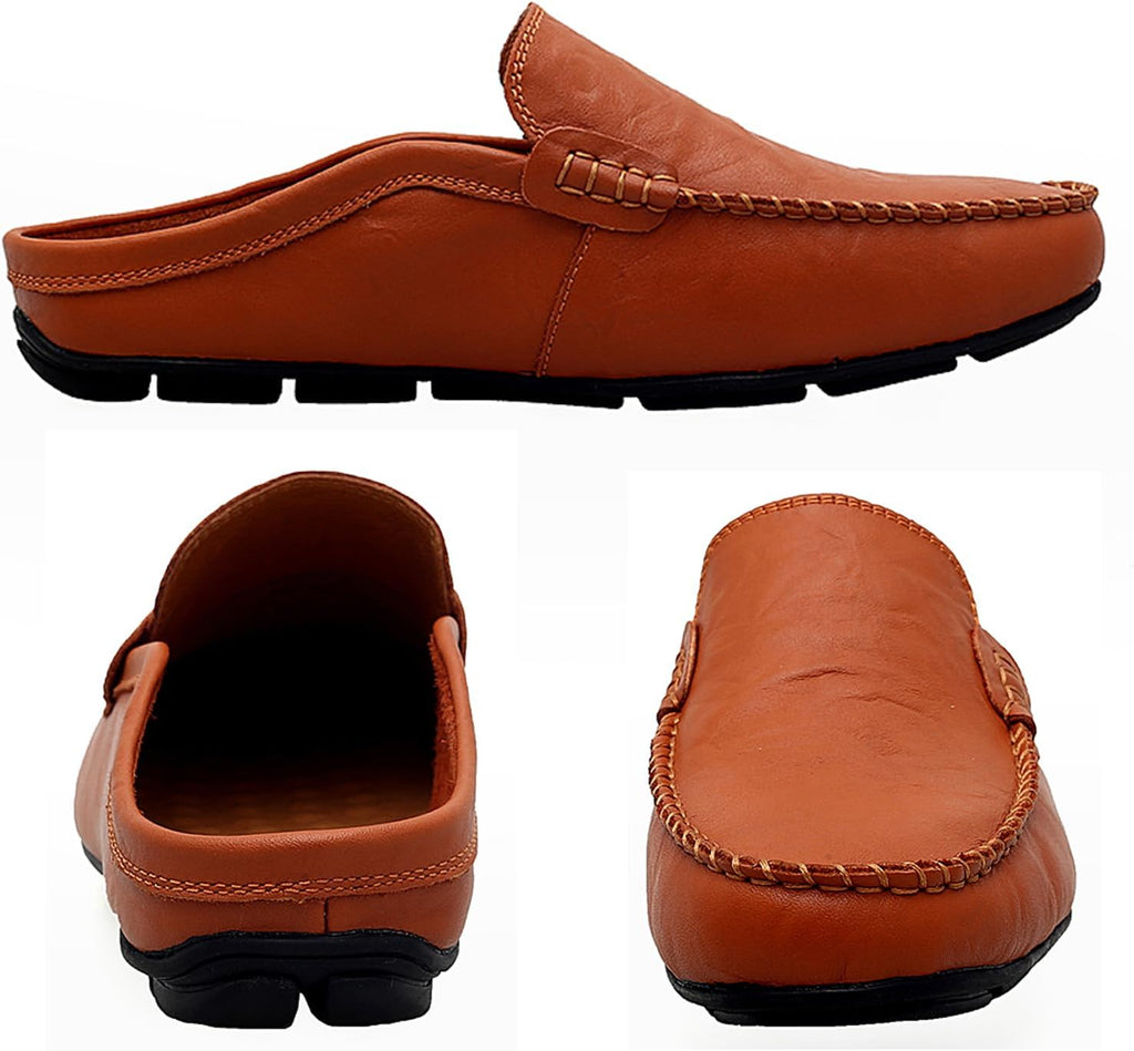 Go Tour Mens Mules Clog Slippers Breathable Punching Leather Slip on Shoes Casual Loafers A-brown