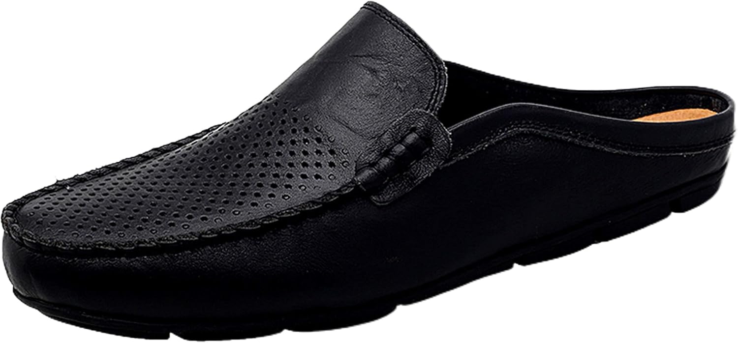 Go Tour Mens Mules Clog Slippers Breathable Punching Leather Slip on Shoes Casual Loafers B-black Punched