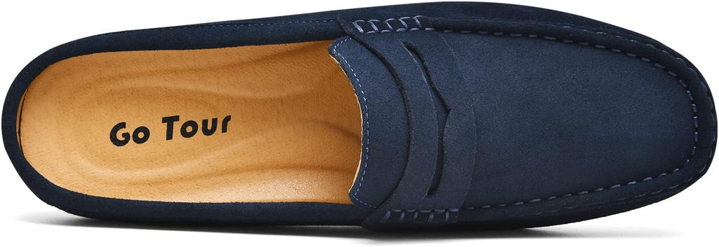 Go Tour Mens Handmade Suede Leather Mules Clog Slippers Breathable Leather Slip on Shoes Casual Loafers Blue