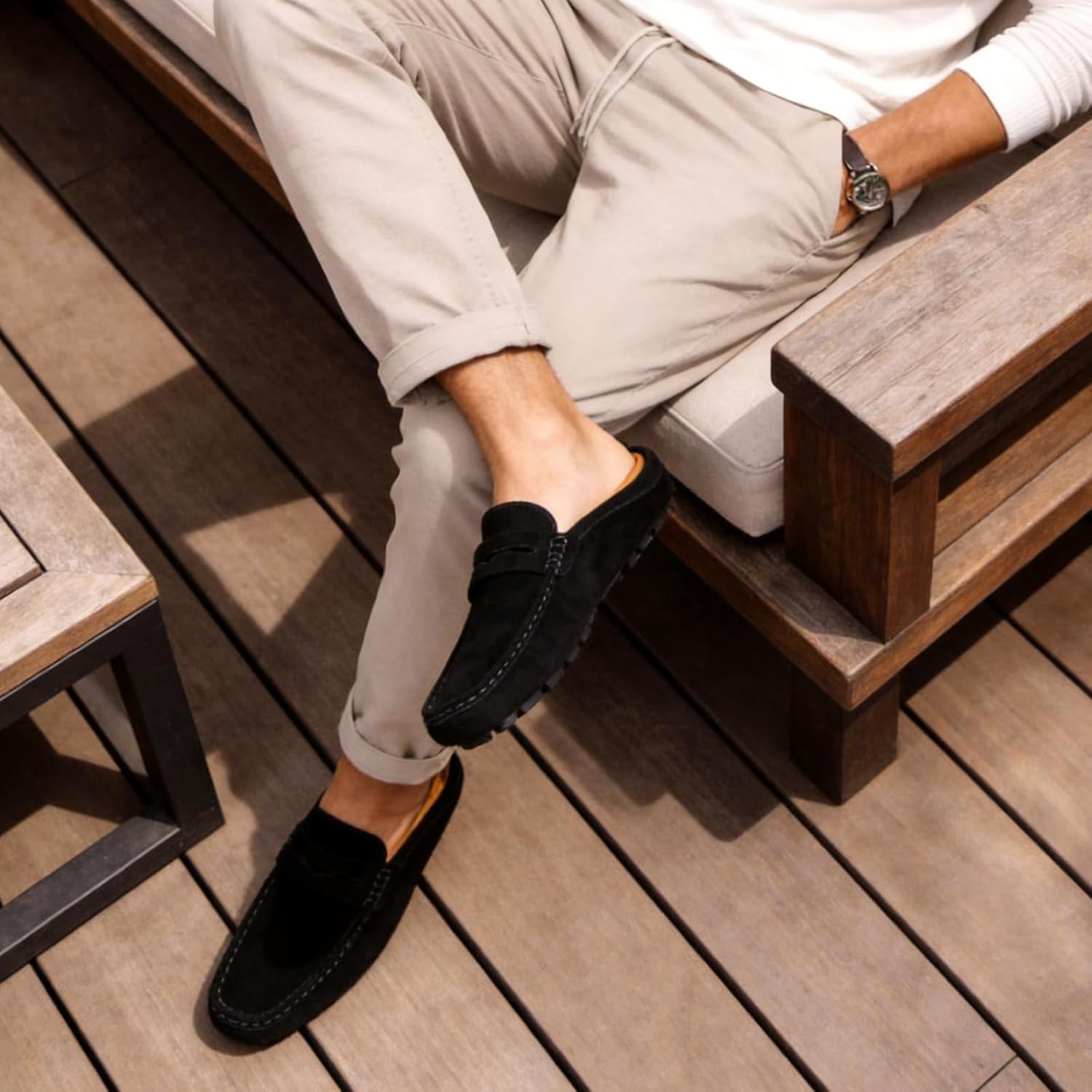 Go Tour Mens Handmade Suede Leather Mules Clog Slippers Breathable Leather Slip on Shoes Casual Loafers Black