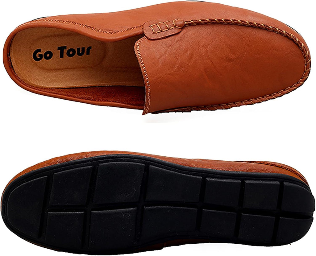 Go Tour Mens Mules Clog Slippers Breathable Punching Leather Slip on Shoes Casual Loafers A-brown