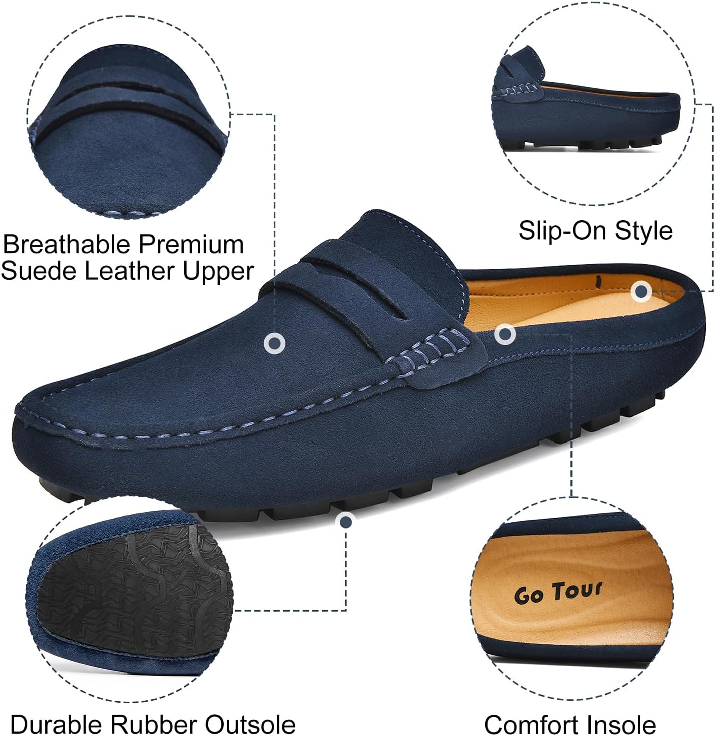 Go Tour Mens Handmade Suede Leather Mules Clog Slippers Breathable Leather Slip on Shoes Casual Loafers Blue