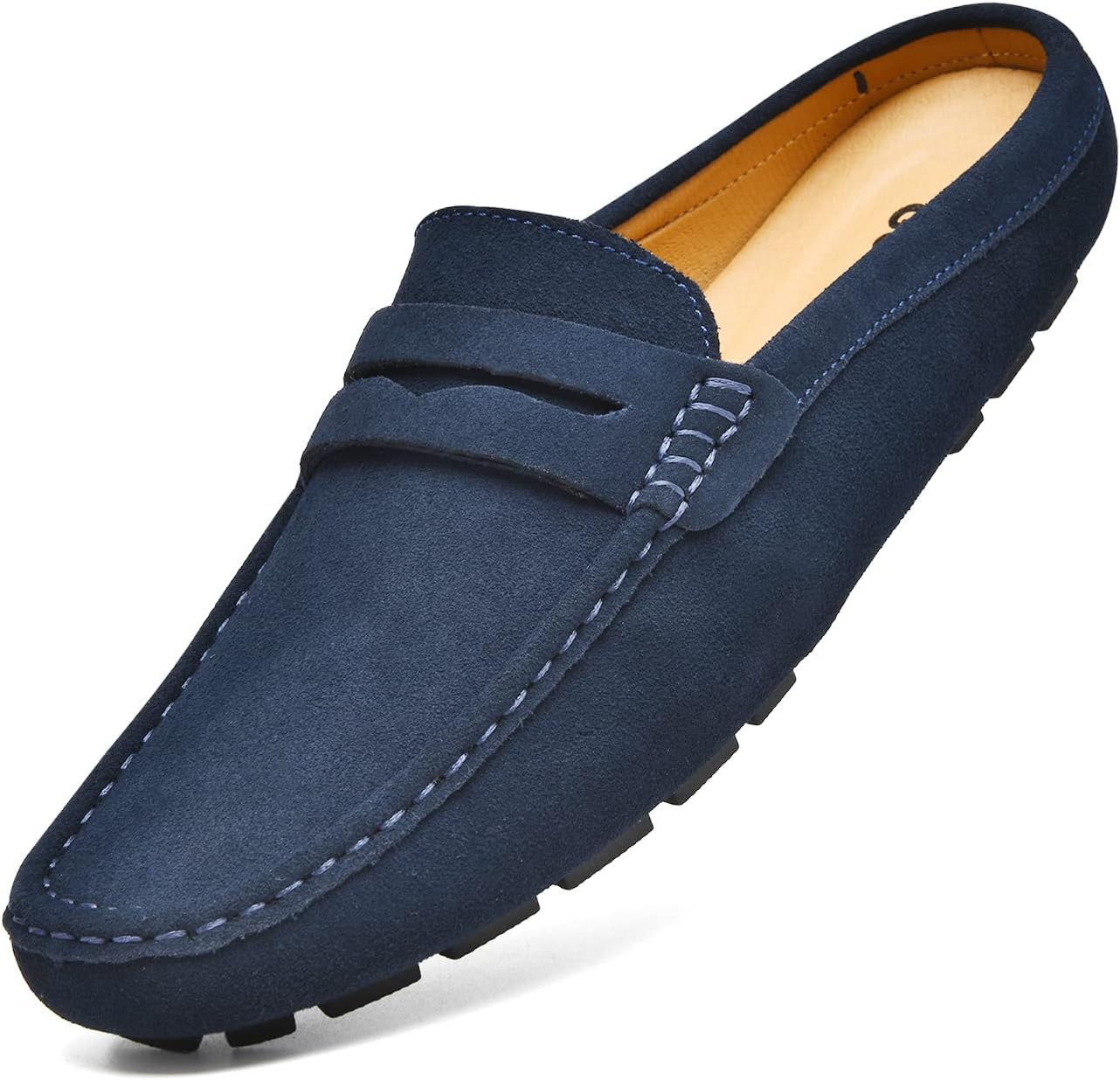 Go Tour Mens Handmade Suede Leather Mules Clog Slippers Breathable Leather Slip on Shoes Casual Loafers Blue