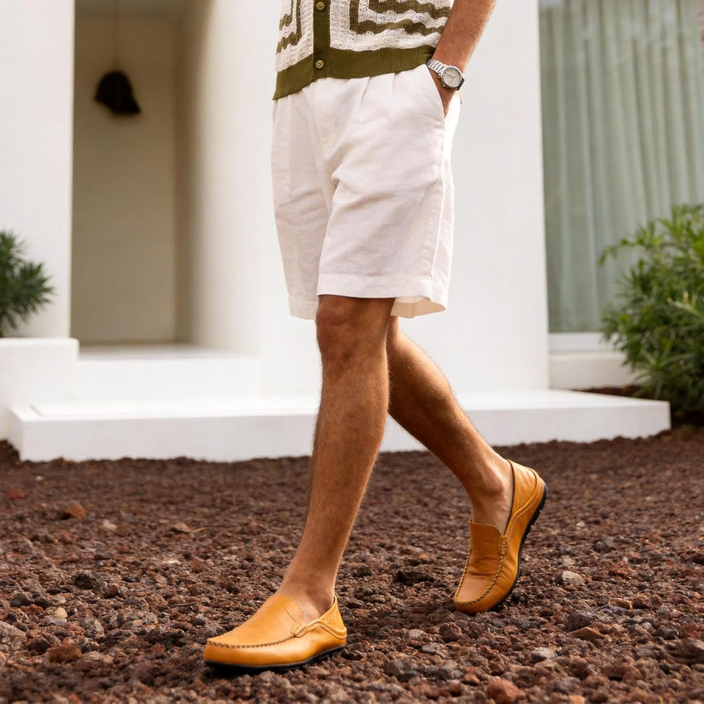 Go Tour Men's Premium Genuine Leather Casual Slip on Loafers Breathable Driving Shoes Fashion Slipper A-yellow