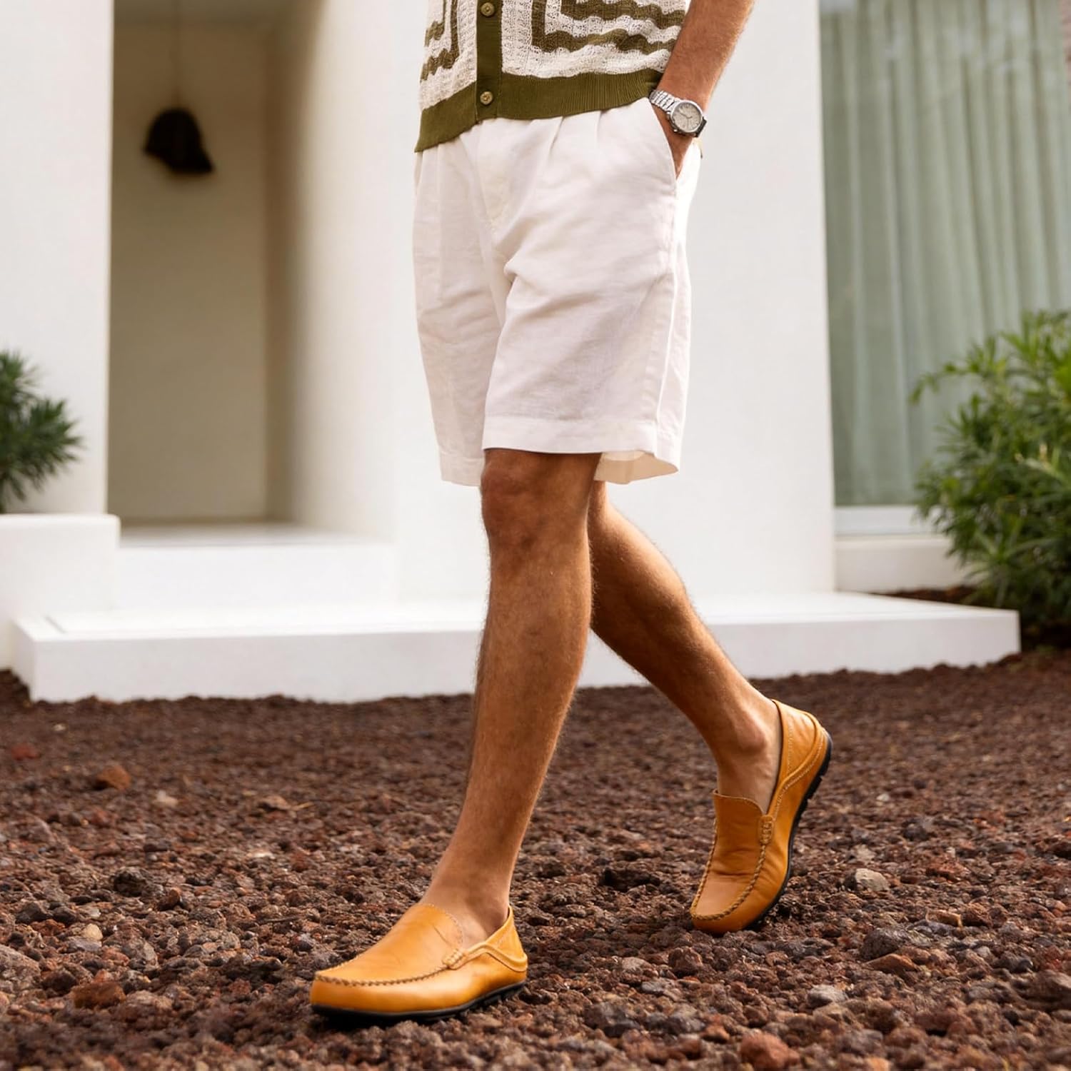 Go Tour Men's Premium Genuine Leather Casual Slip on Loafers Breathable Driving Shoes Fashion Slipper A-yellow