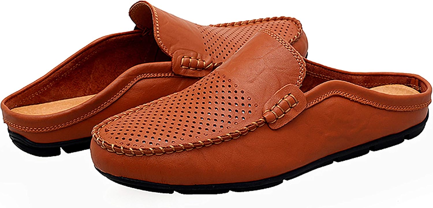 Go Tour Mens Mules Clog Slippers Breathable Punching Leather Slip on Shoes Casual Loafers B-brown Punched