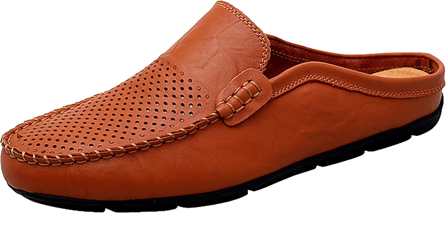 Go Tour Mens Mules Clog Slippers Breathable Punching Leather Slip on Shoes Casual Loafers B-brown Punched