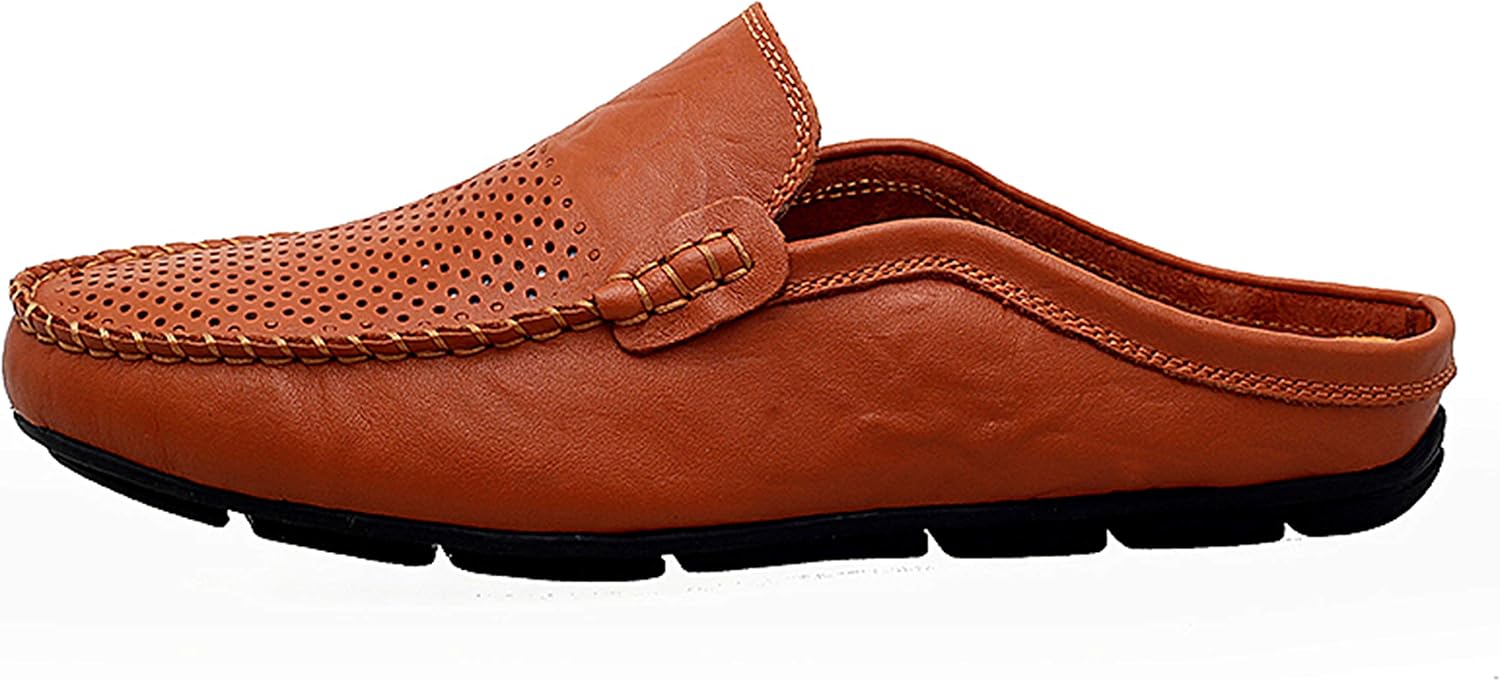 Go Tour Mens Mules Clog Slippers Breathable Punching Leather Slip on Shoes Casual Loafers B-brown Punched
