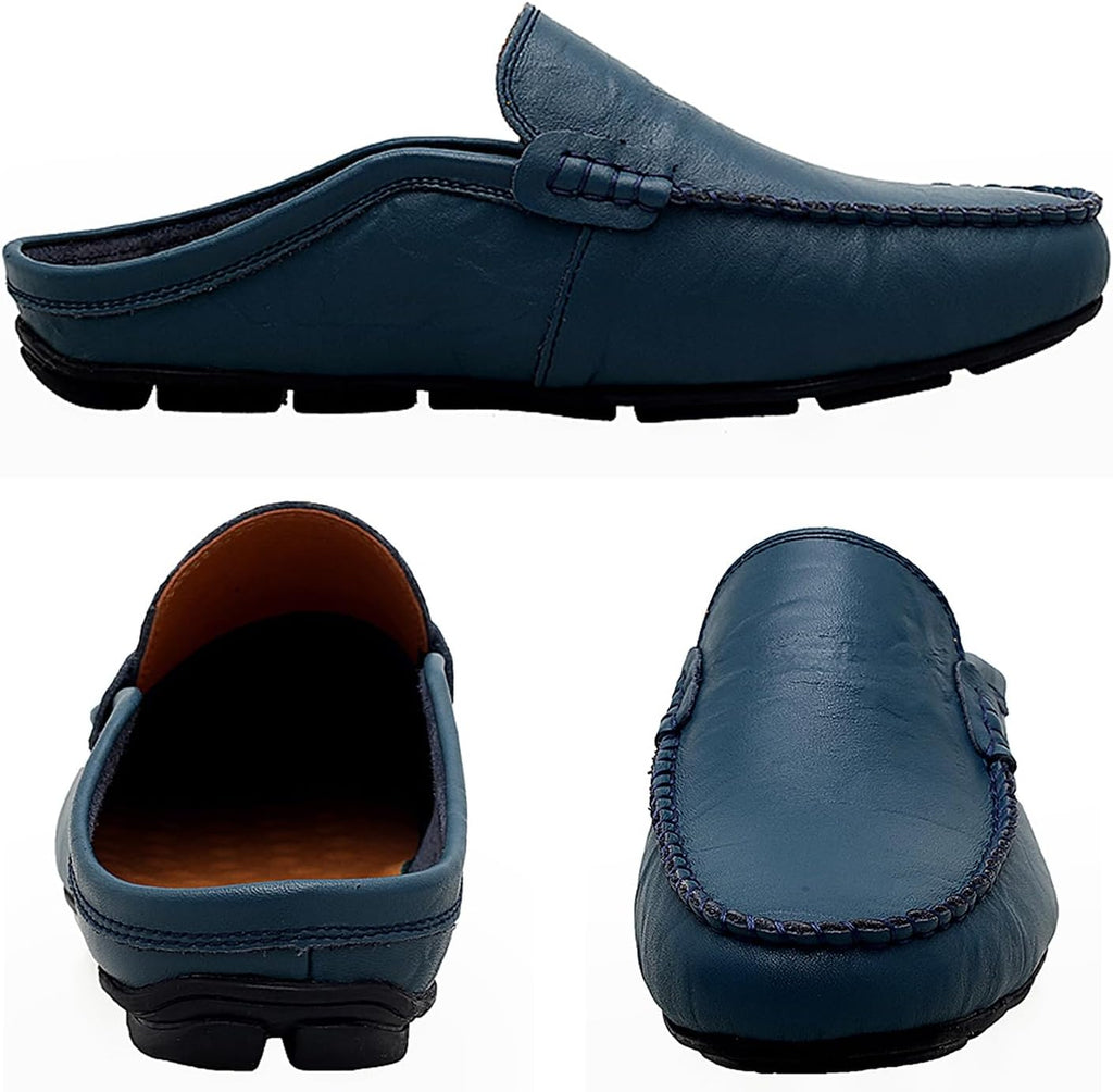 Go Tour Mens Mules Clog Slippers Breathable Punching Leather Slip on Shoes Casual Loafers A-blue