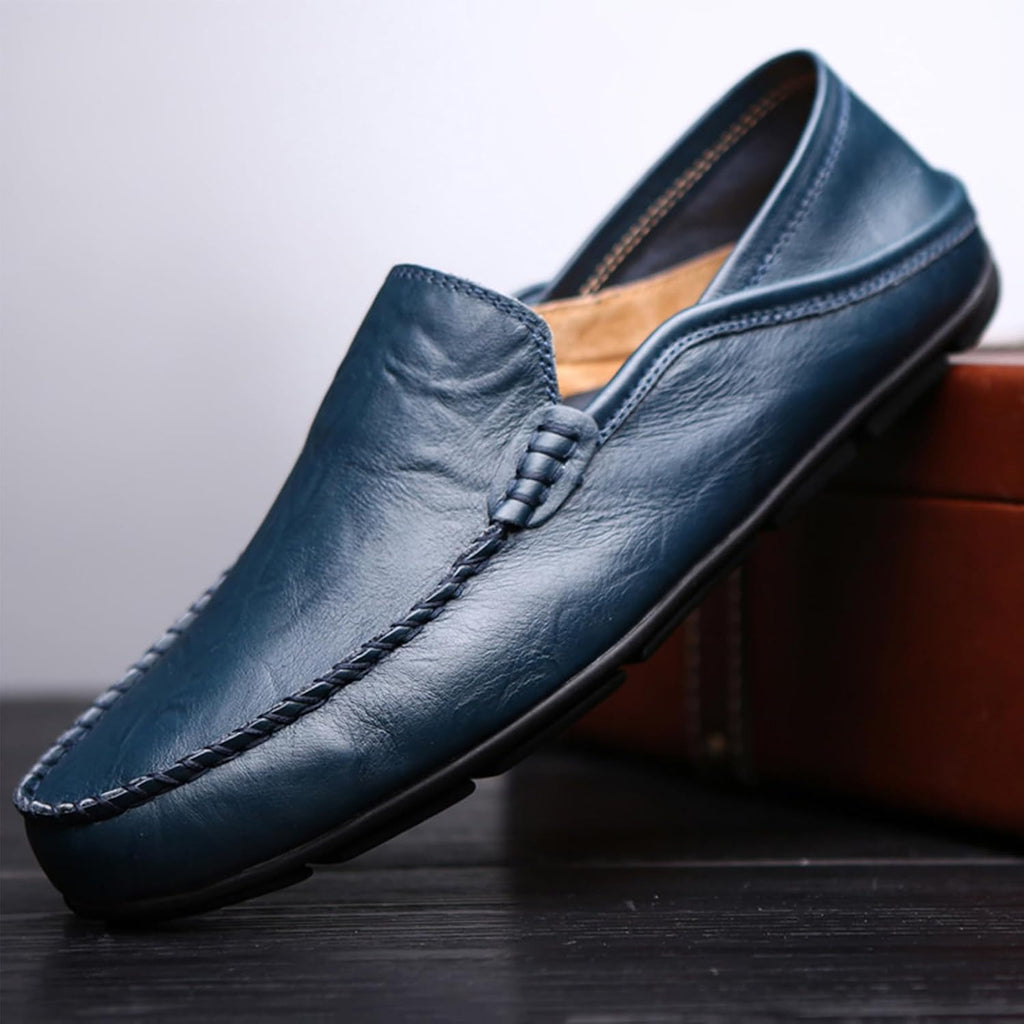 Go Tour Men's Premium Genuine Leather Casual Slip on Loafers Breathable Driving Shoes Fashion Slipper A-blue