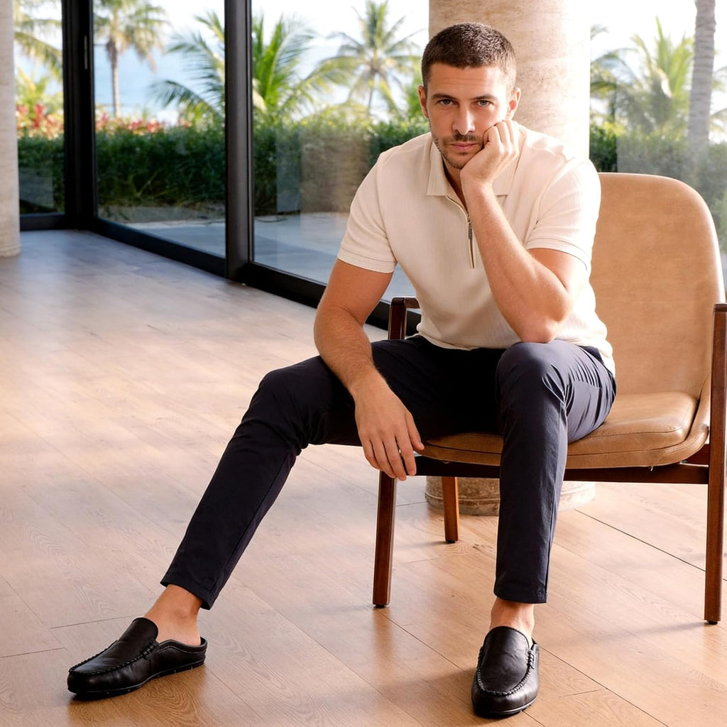 Go Tour Mens Mules Clog Slippers Breathable Punching Leather Slip on Shoes Casual Loafers A-black