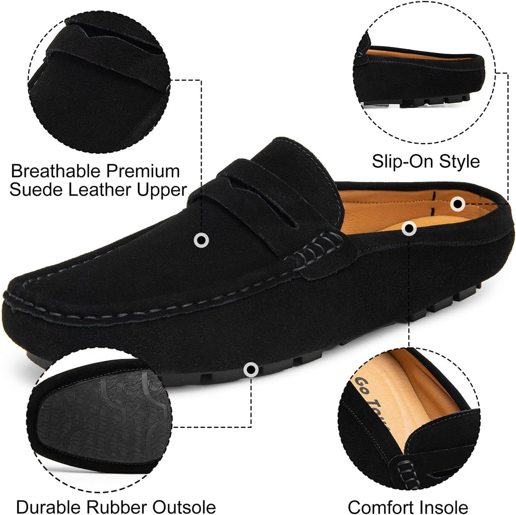 Go Tour Mens Handmade Suede Leather Mules Clog Slippers Breathable Leather Slip on Shoes Casual Loafers Black