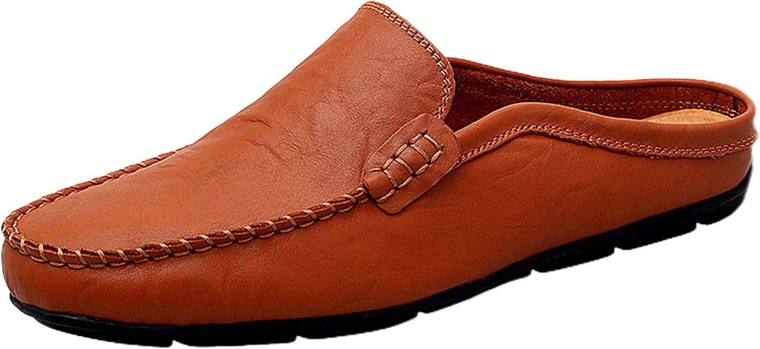 Go Tour Mens Mules Clog Slippers Breathable Punching Leather Slip on Shoes Casual Loafers A-brown