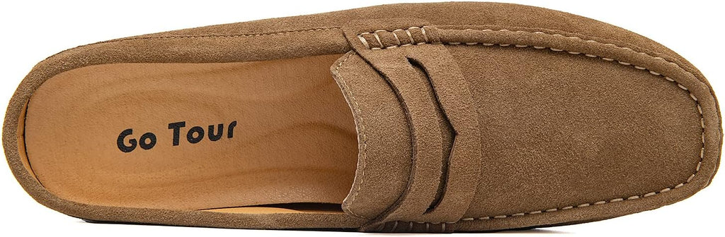 Go Tour Mens Handmade Suede Leather Mules Clog Slippers Breathable Leather Slip on Shoes Casual Loafers Khaki