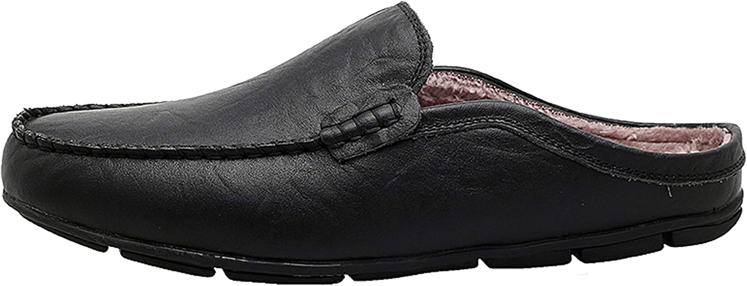 Go Tour Mens Mules Clog Slippers Breathable Punching Leather Slip on Shoes Casual Loafers C-black Fur