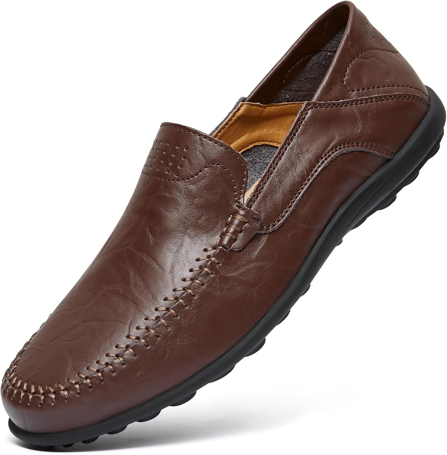 Go Tour Men's Premium Genuine Leather Casual Slip on Loafers Breathable Driving Shoes Fashion Slipper C-dark Brown