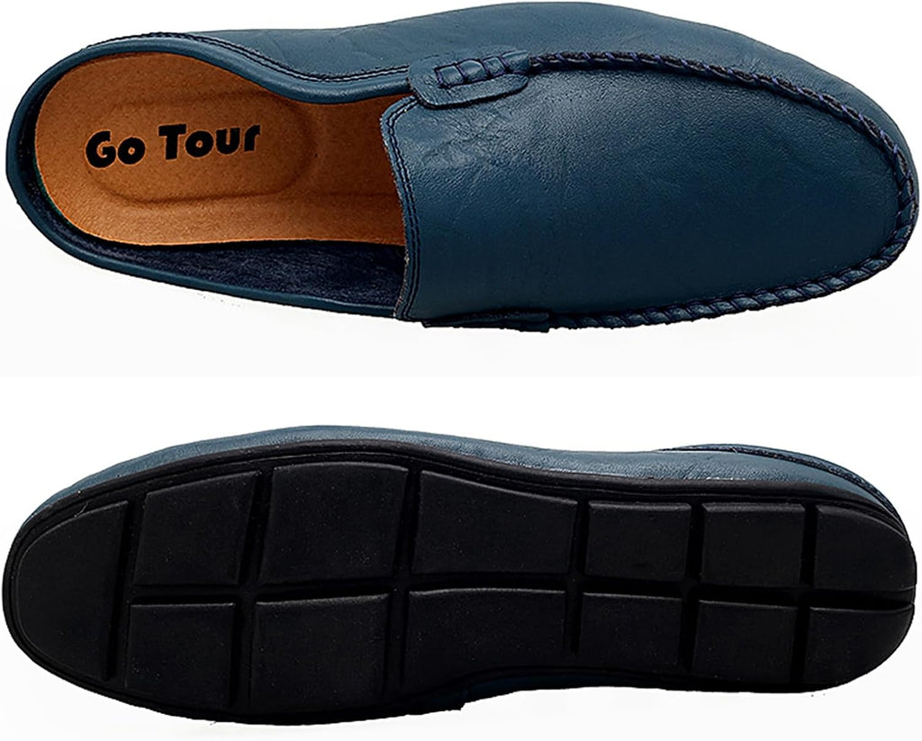 Go Tour Mens Mules Clog Slippers Breathable Punching Leather Slip on Shoes Casual Loafers A-blue