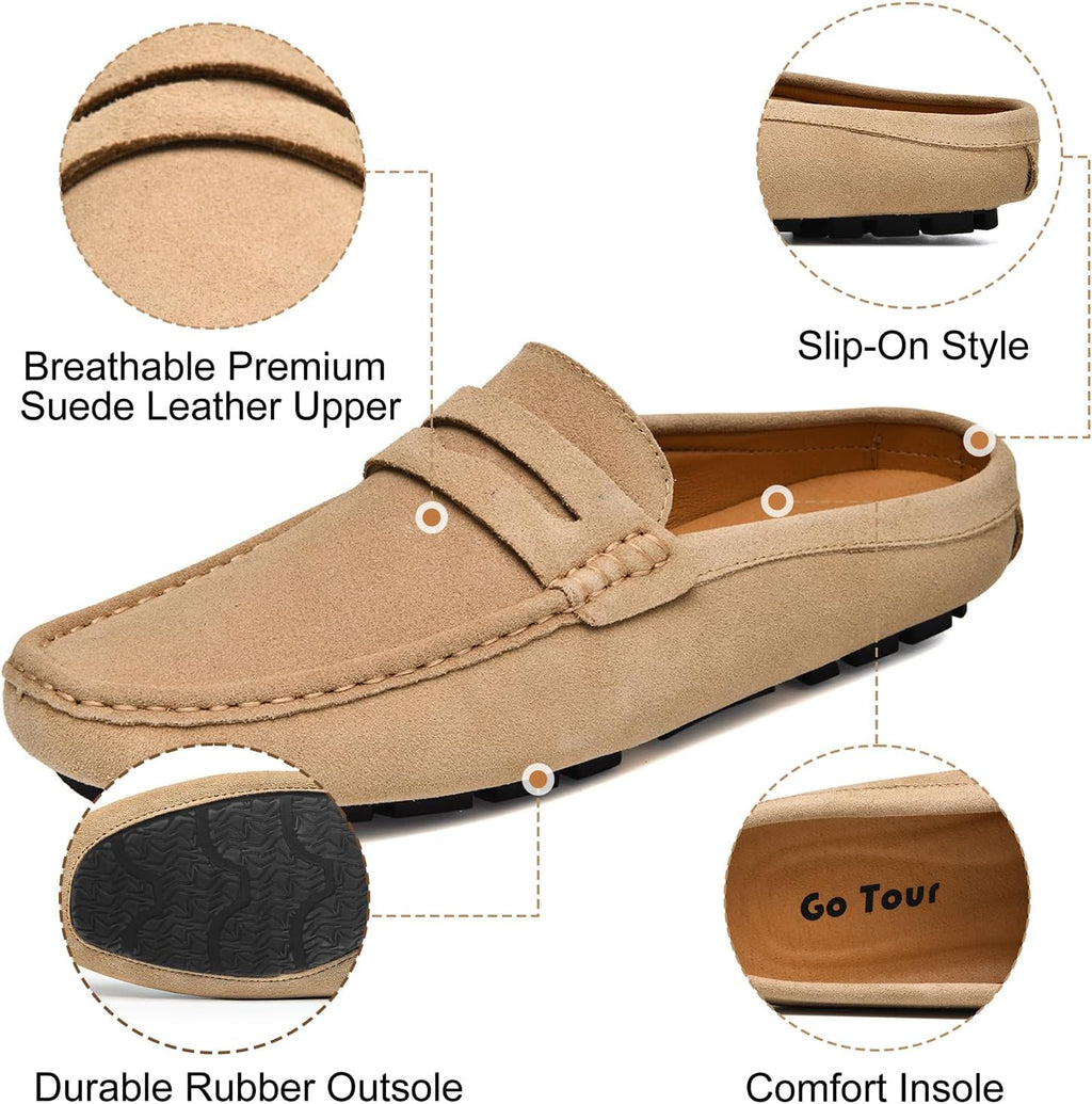 Go Tour Mens Handmade Suede Leather Mules Clog Slippers Breathable Leather Slip on Shoes Casual Loafers Beige