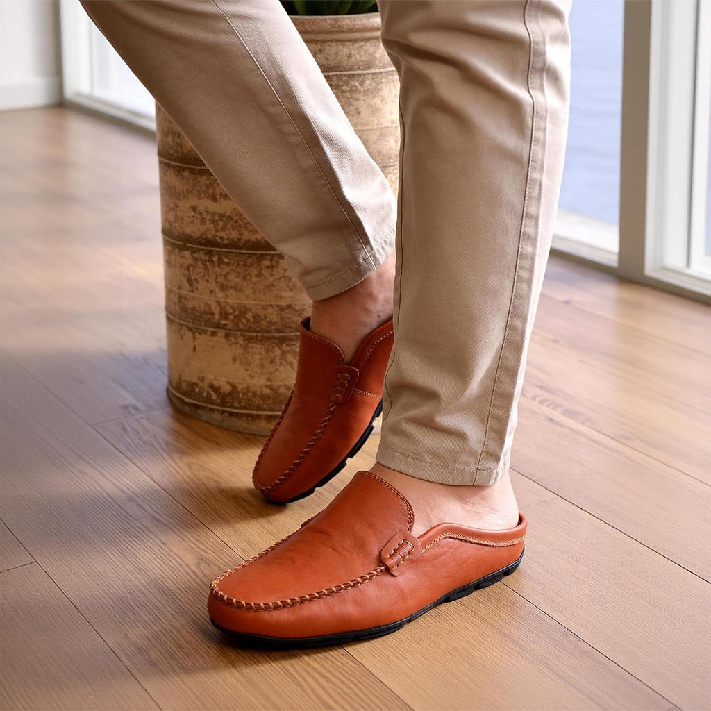 Go Tour Mens Mules Clog Slippers Breathable Punching Leather Slip on Shoes Casual Loafers A-brown
