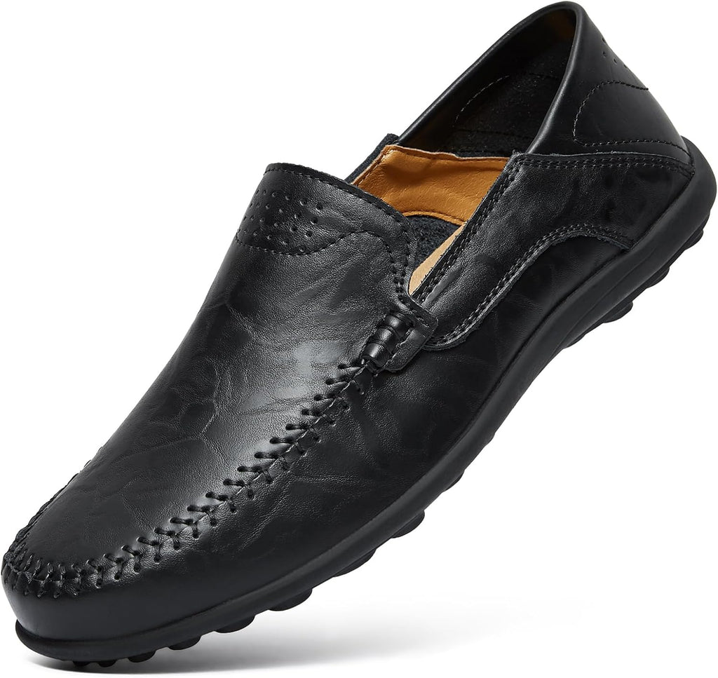 Go Tour Men's Premium Genuine Leather Casual Slip on Loafers Breathable Driving Shoes Fashion Slipper C-black
