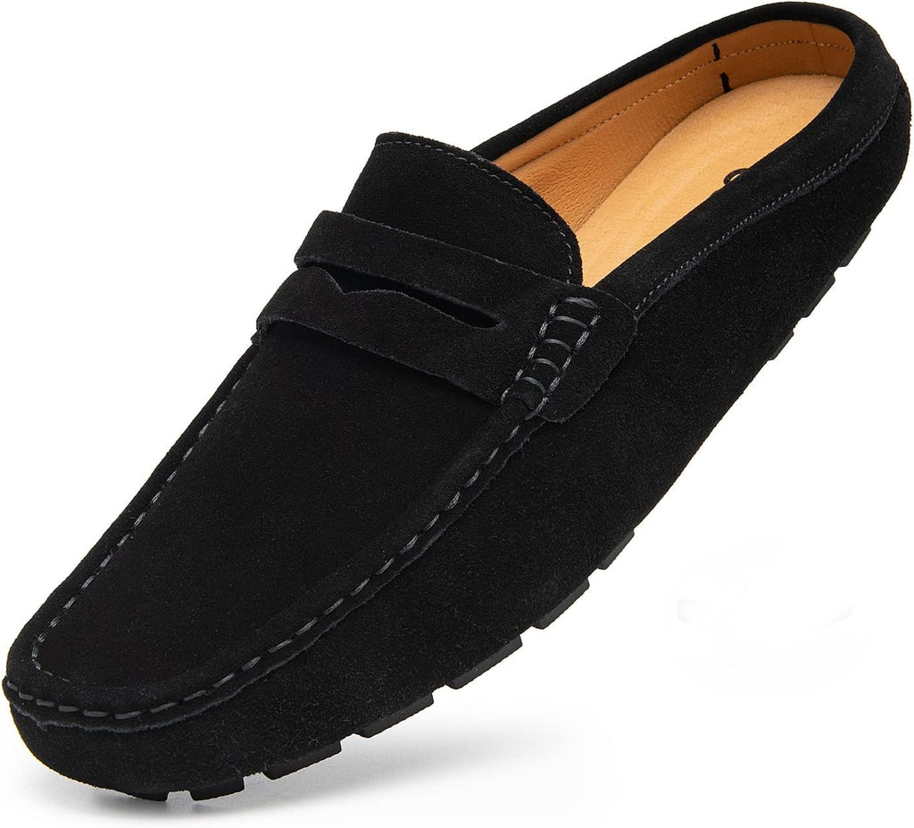 Go Tour Mens Handmade Suede Leather Mules Clog Slippers Breathable Leather Slip on Shoes Casual Loafers Black