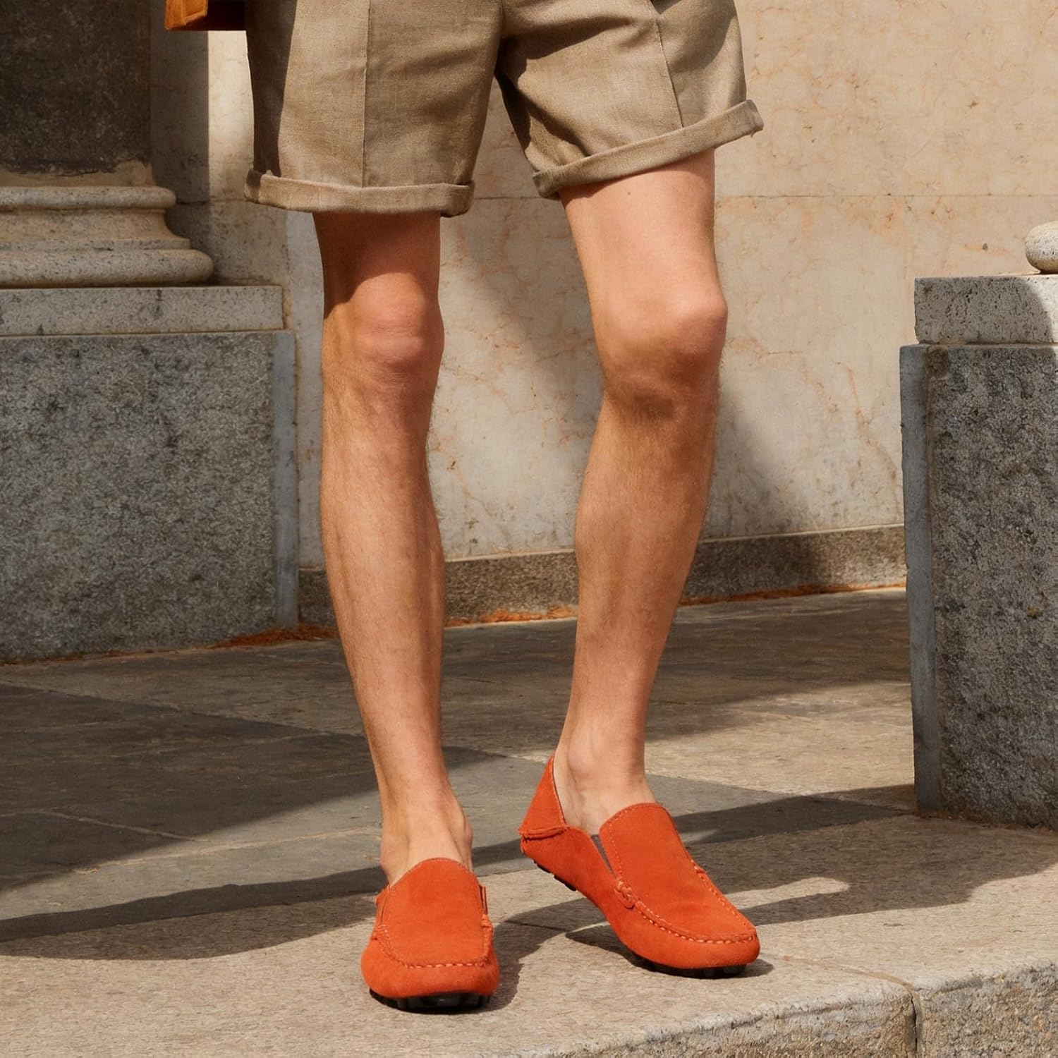 Go Tour Handmade Mens Casual Loafers Moccasins Slip On Driving Shoes Orange