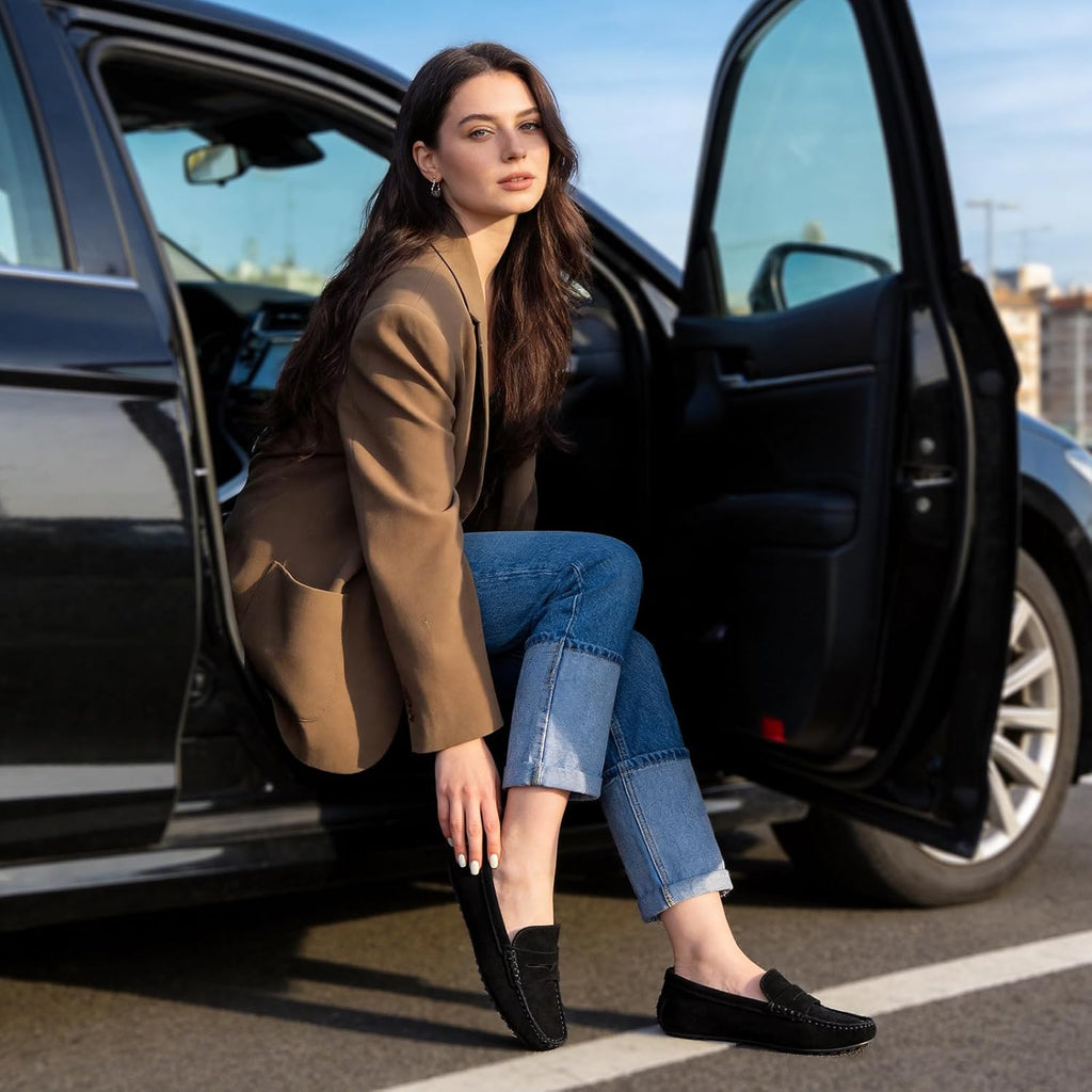 Go Tour Women's Suede Penny Loafers Classic Slip-On Driving Shoes Black